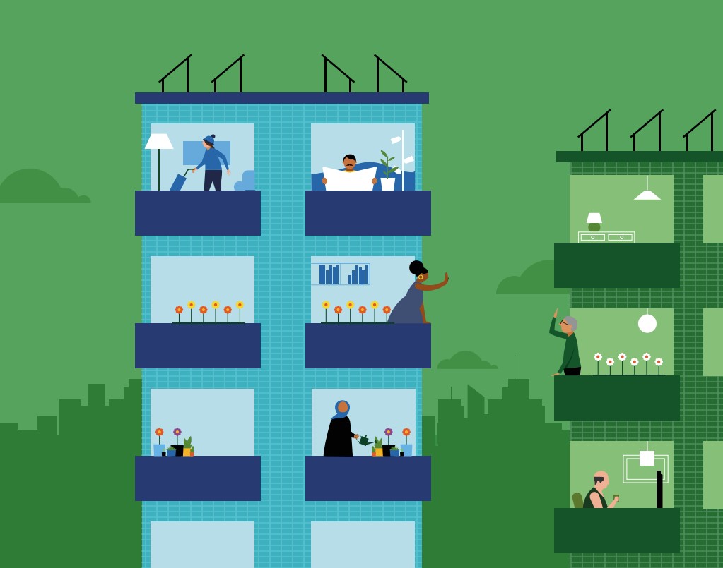 A graphic showing two tower blocks, with residents inside, on a green background. Two of the residents are waving to each other