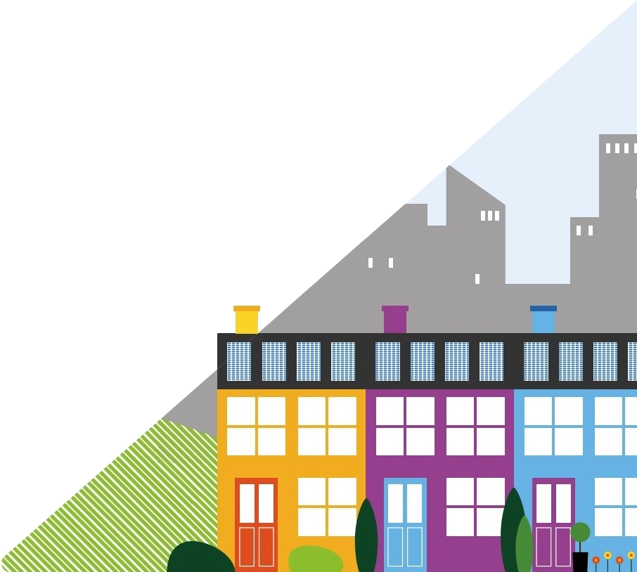 Graphic shows a row of houses - one yellow, one purple and one blue. 