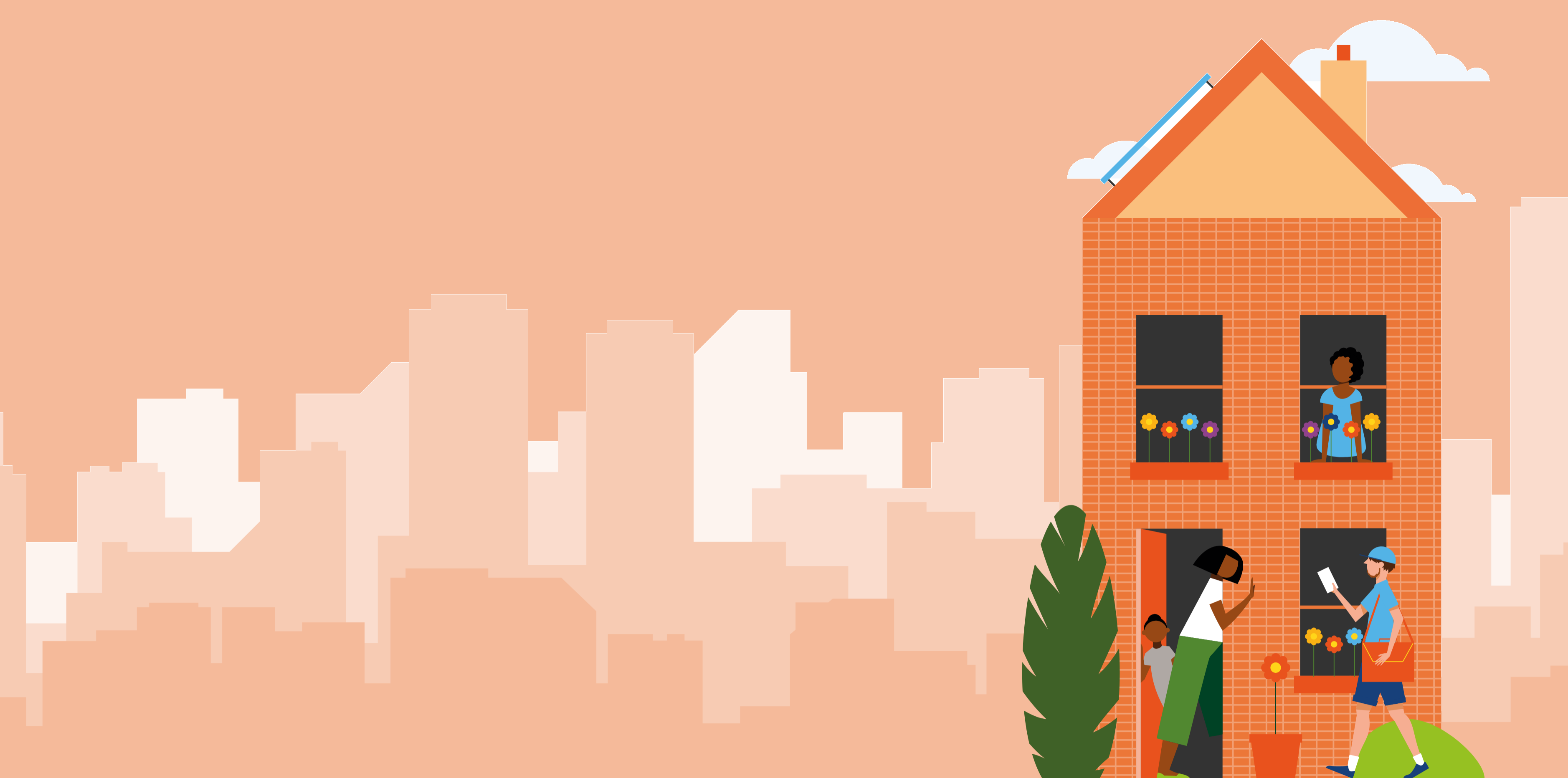 Graphic shows a house with residents inside. One resident is greeting a postperson