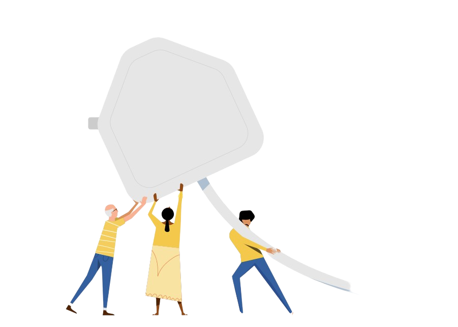 Graphic shows three people holding up a large plug