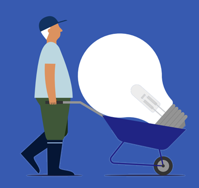 Graphic shows a person carrying a lightbulb in a wheelbarrow
