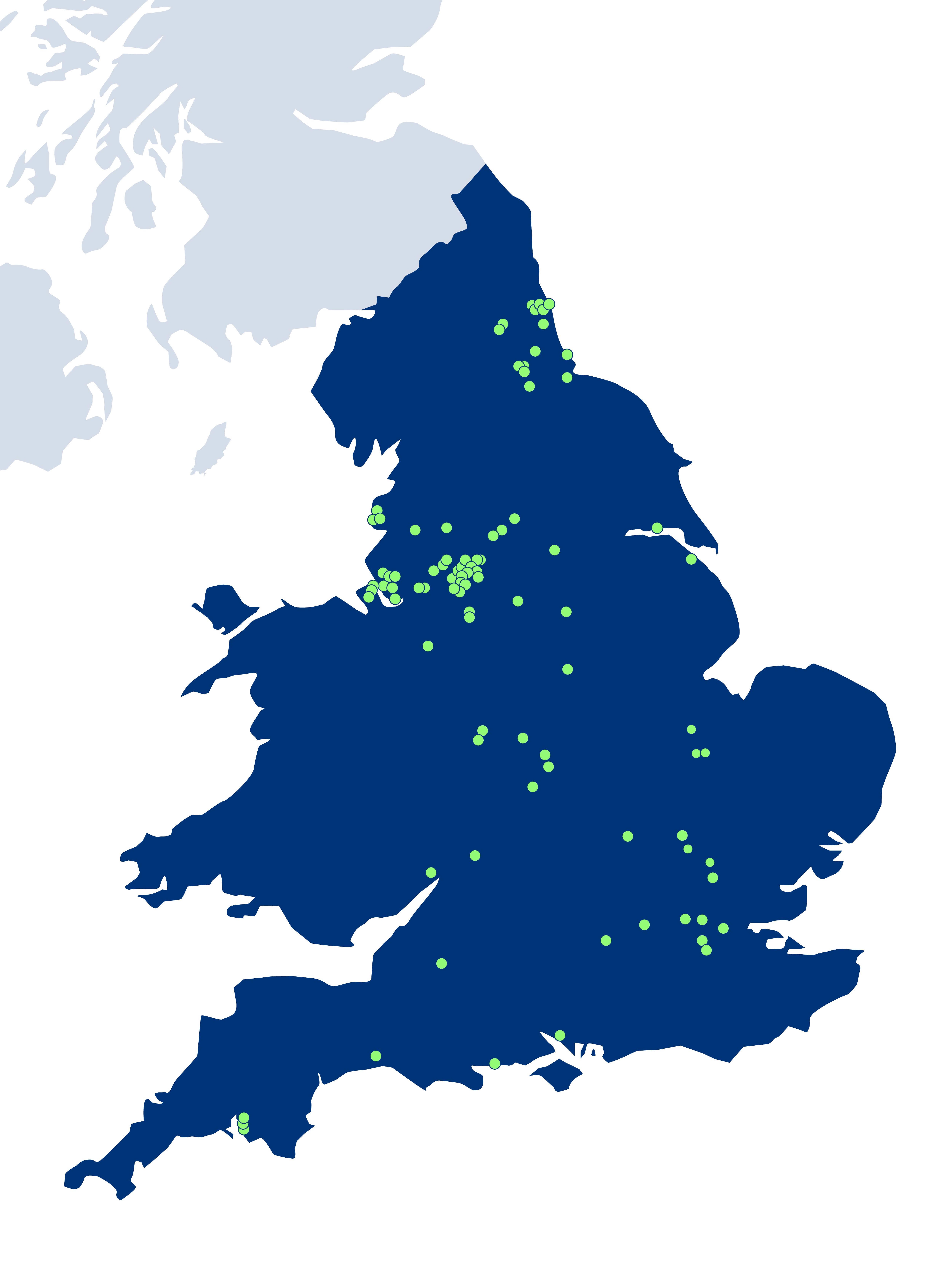 Map of England showing locations of solar projects
