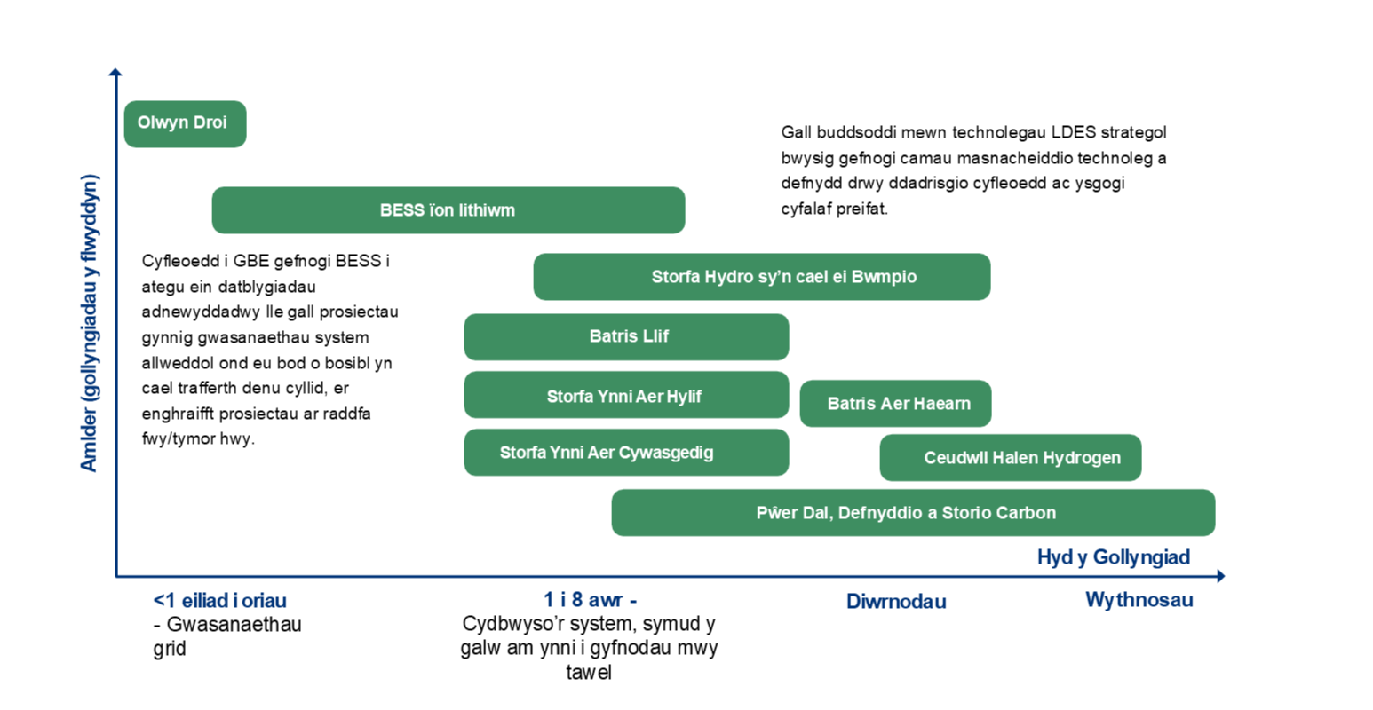 Ynni ar y Tir – Ein dull buddsoddi o ran hyblygrwydd a storio   Ciplun lefel uchel o amrywiaeth o dechnolegau hyblyg, gan gydnabod bod gan ddulliau datblygu technoleg y potensial i esblygu yn y farchnad. 